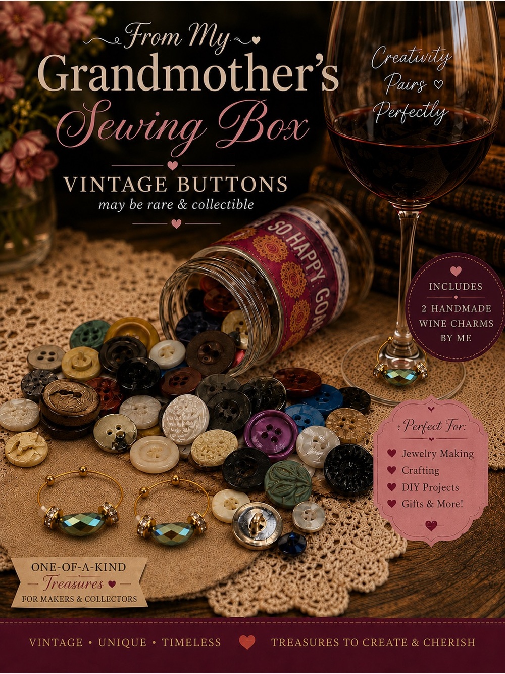 Assorted Decorative Vintage Sewing Buttons & 2 Wine Charms